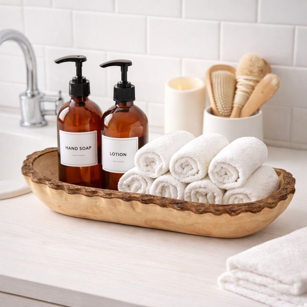 Hand Carved Live Edge Wood Dough Bowl Tray Rustic Boho Centerpiece 15”